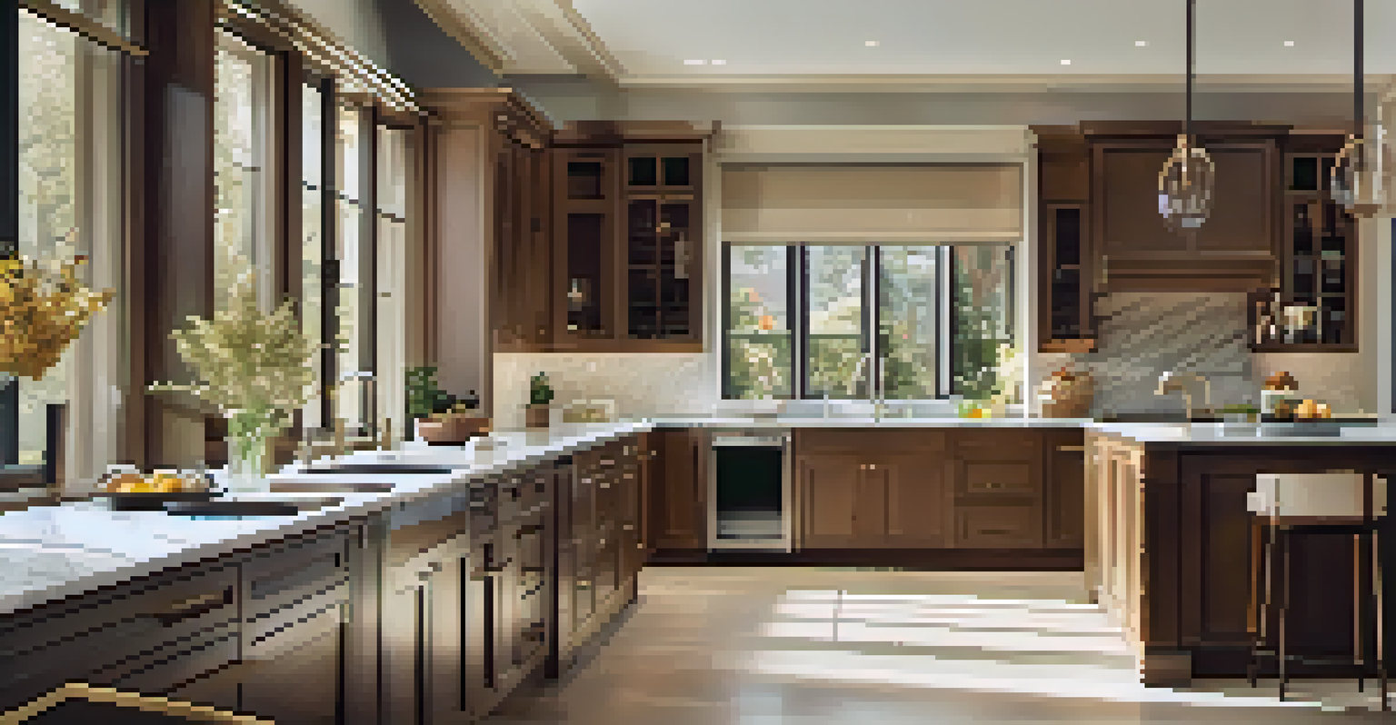 A luxurious kitchen with marble countertops and high-end appliances, bathed in natural light.