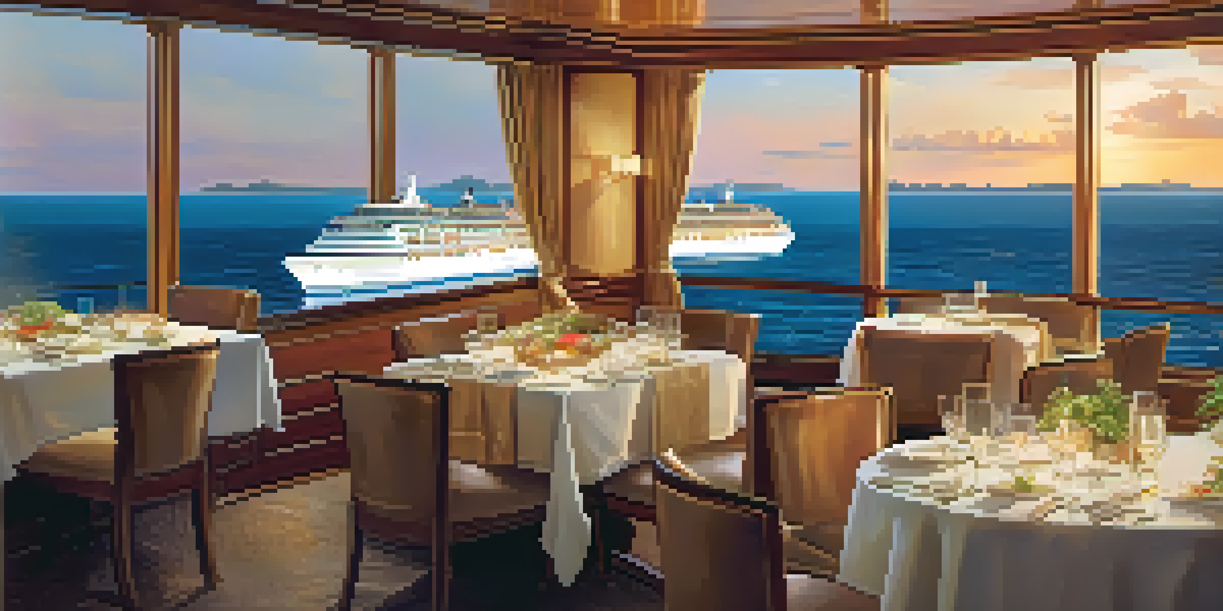 A luxurious cruise ship on a calm ocean at sunset, with passengers enjoying gourmet meals on deck and a beautiful coastline in the background.