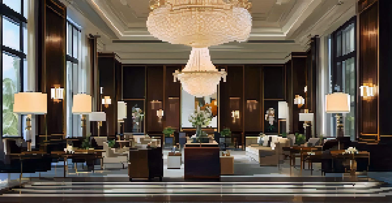 Luxurious hotel lobby with elegant decor, chandeliers, and guests checking in at the reception.