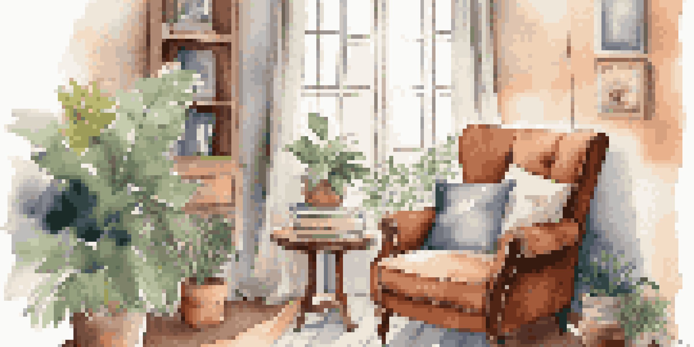 A cozy nook with a plush armchair, warm lighting, a journal, and a scented candle, surrounded by plants and calming artwork.