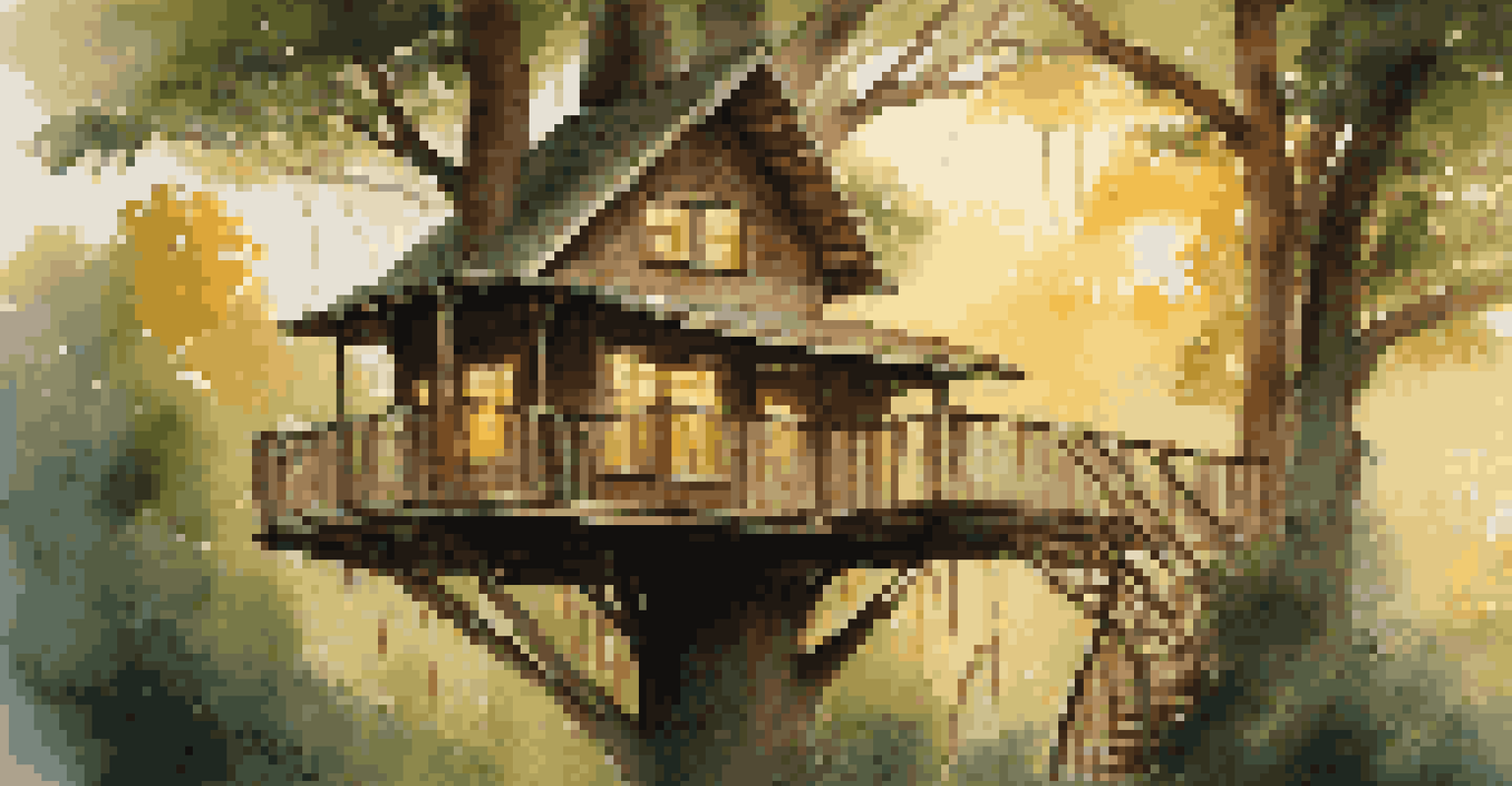 An elegant treehouse accommodation in a green canopy, featuring a wraparound balcony and large windows, illuminated by sunset light.