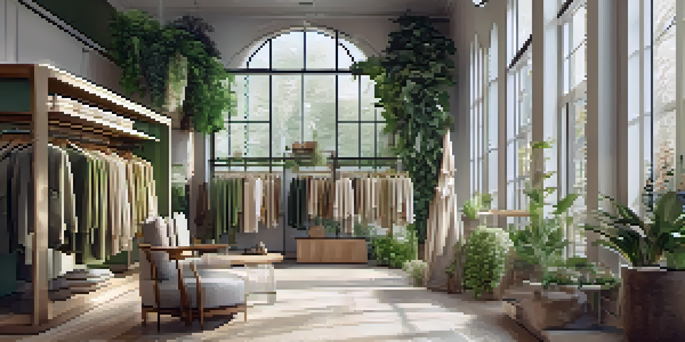 An elegant boutique interior with displays of sustainable fashion, featuring natural lighting and potted plants.