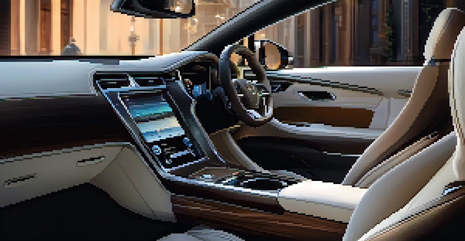 A close-up of a luxury car interior with personalized leather seats and a high-tech dashboard.
