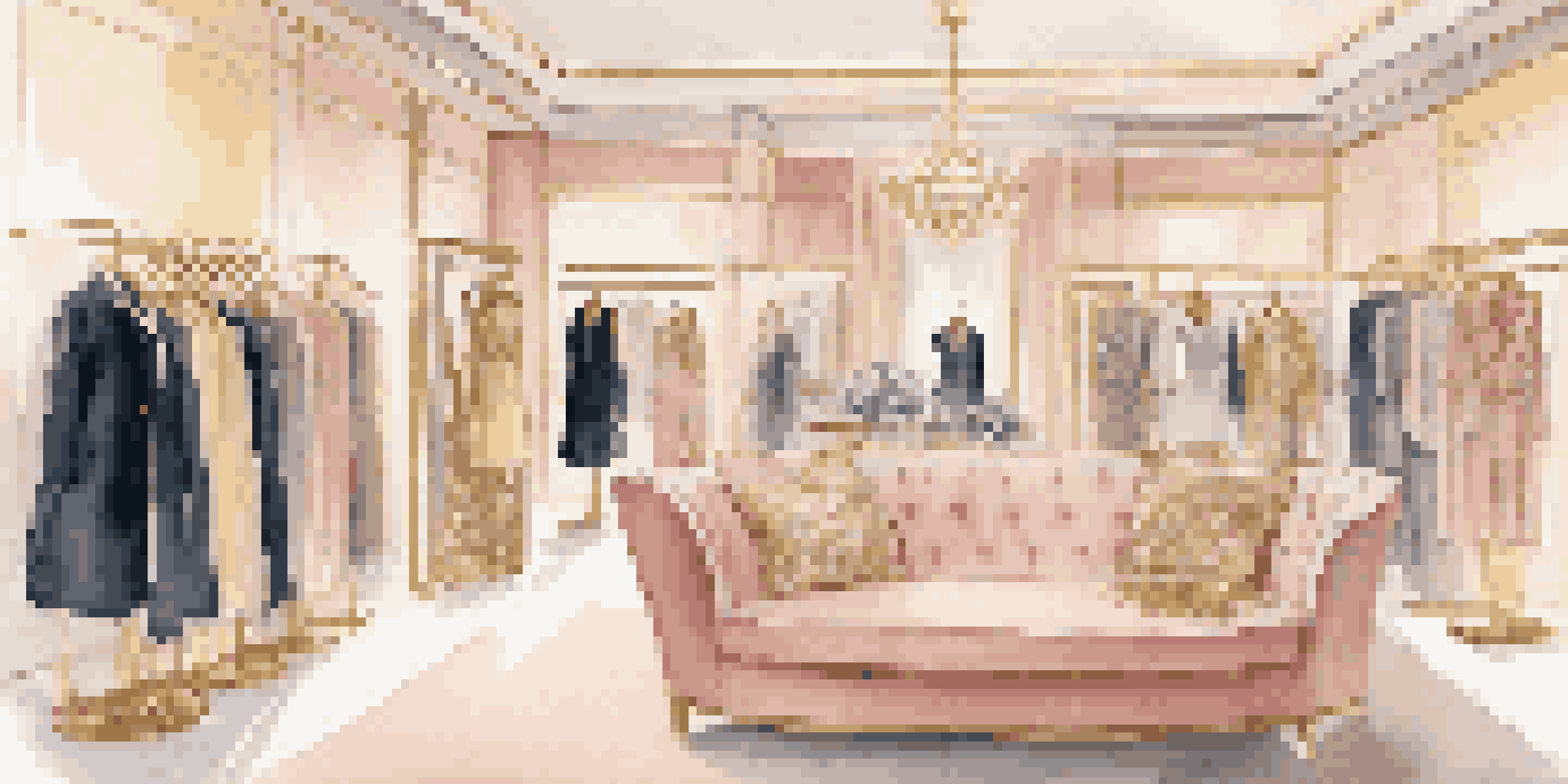 An elegant interior of a fashion boutique with luxury and accessible clothing displayed on mannequins, featuring soft pastel colors and warm lighting.