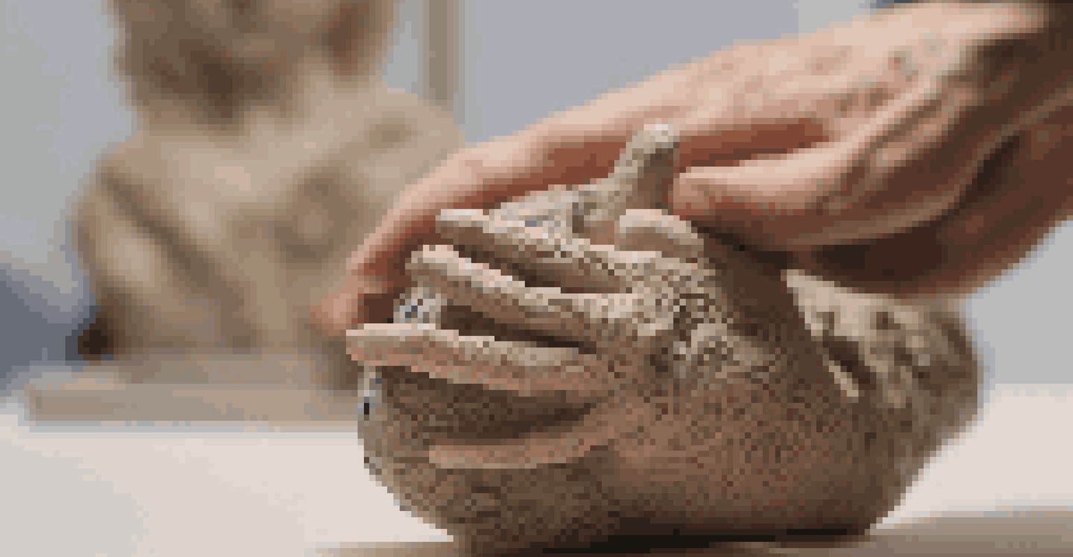 A close-up of a hand holding a small clay sculpture, with an art exhibition blurred in the background.