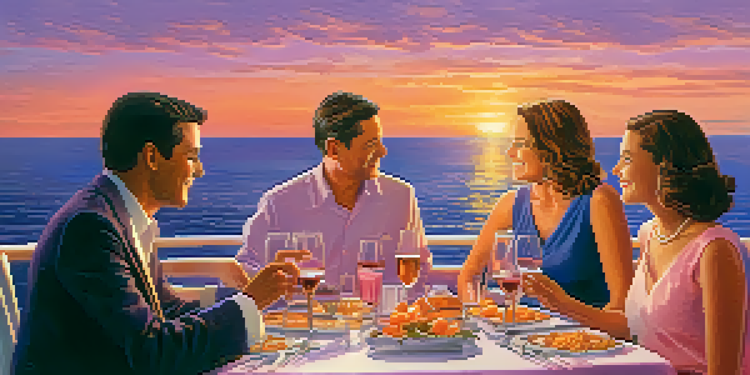 A family enjoying a gourmet dinner on a cruise ship deck during sunset, with a beautiful ocean view and elegant table settings.
