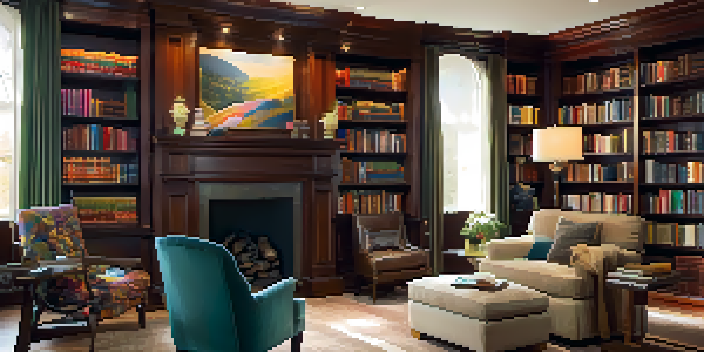 A luxurious home library with built-in mahogany shelving filled with colorful books, a reading nook with an armchair, and natural light coming through large windows.