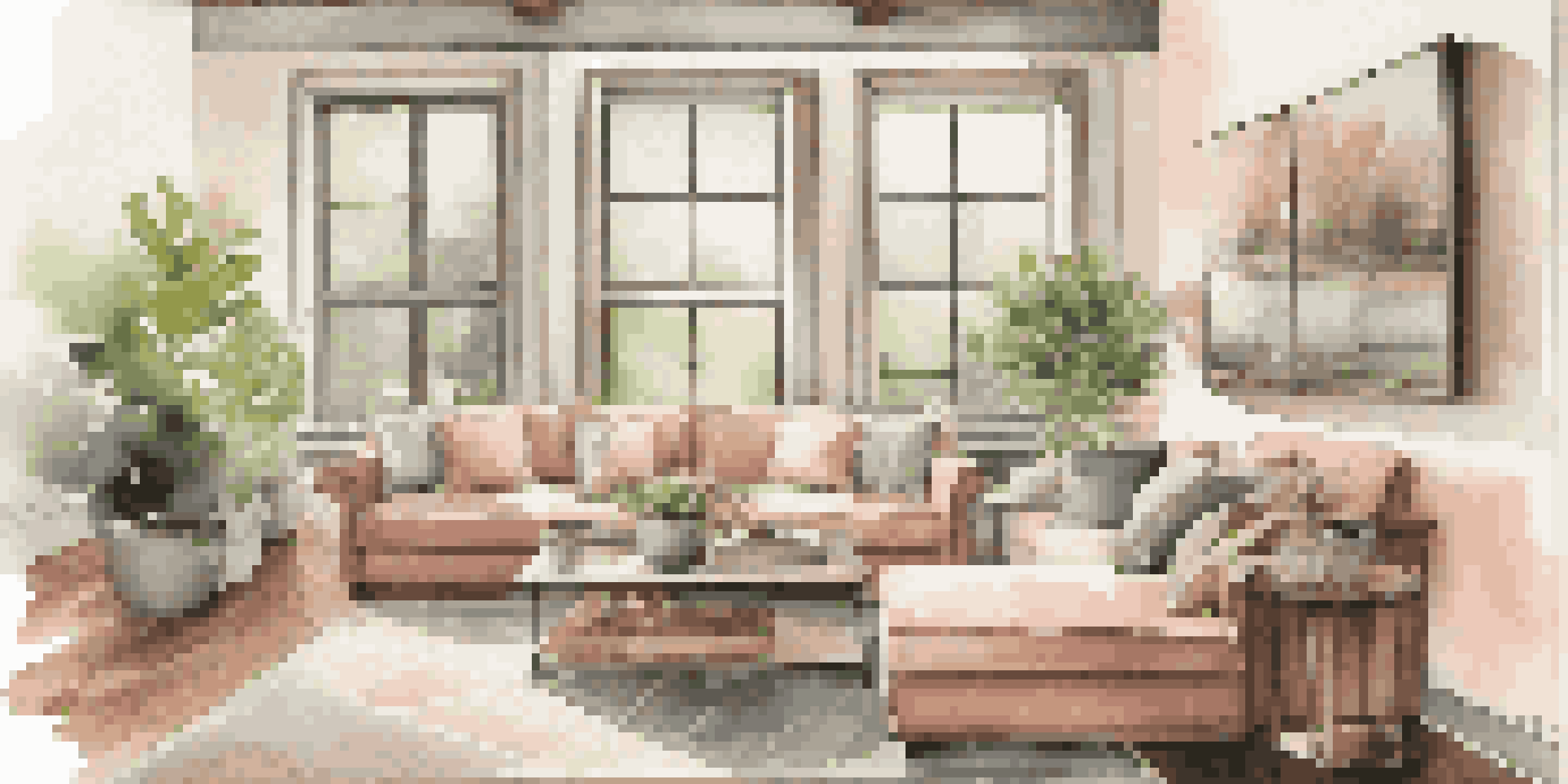 A luxurious living room with a custom coffee table made of reclaimed barn wood and a blush sectional sofa, illuminated by natural light.
