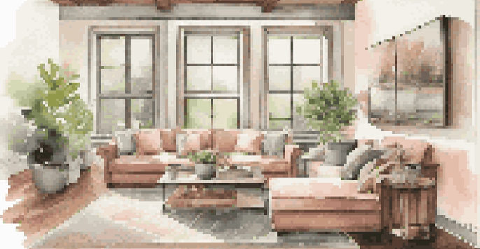 A luxurious living room with a custom coffee table made of reclaimed barn wood and a blush sectional sofa, illuminated by natural light.