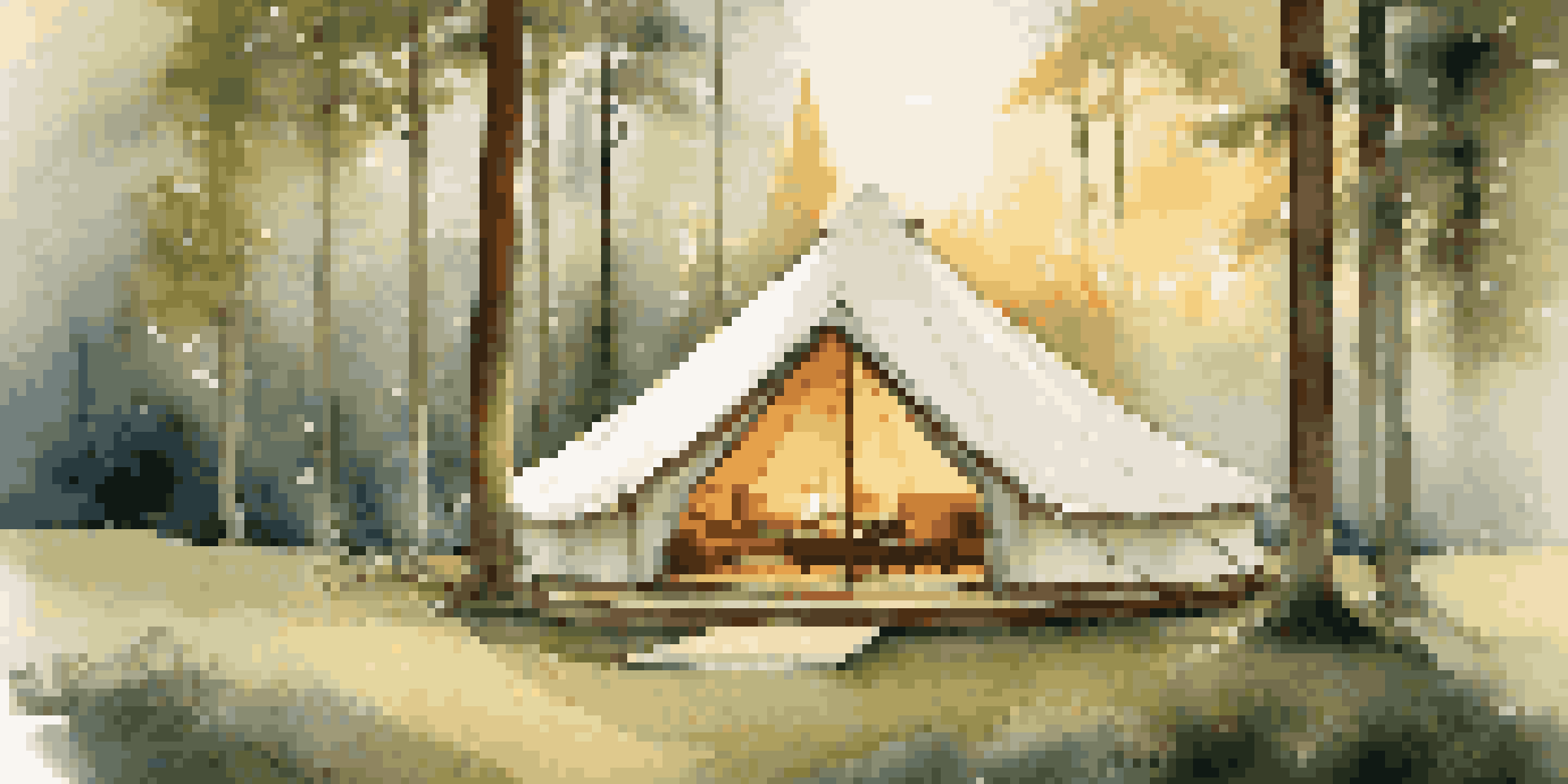 A luxurious glamping tent in a peaceful forest at sunrise, with yoga mats, a fire pit, and soft golden light filtering through the trees.