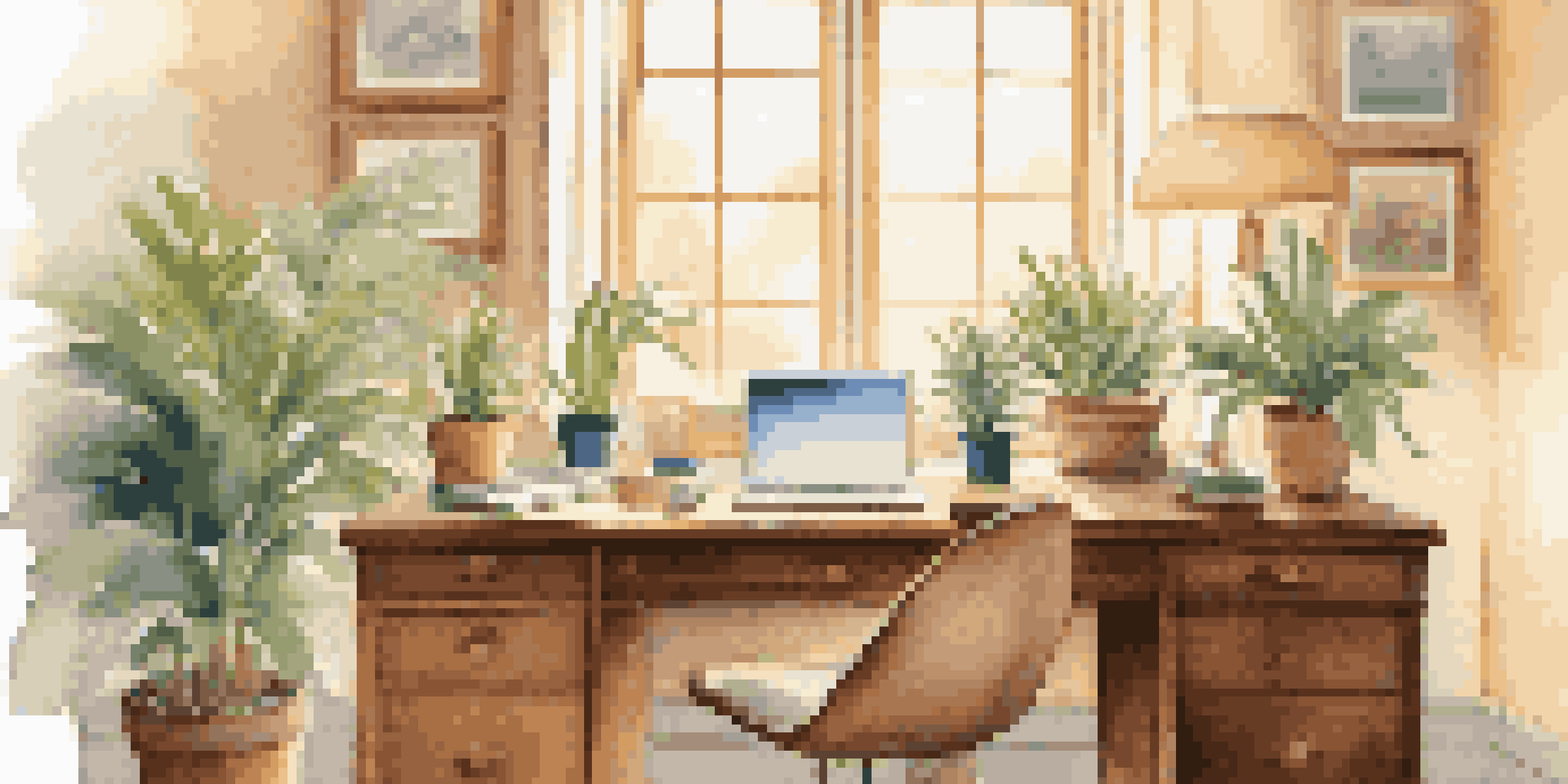 A peaceful office with a wooden desk, an essential oil diffuser, natural light, pastel walls, and a potted plant.