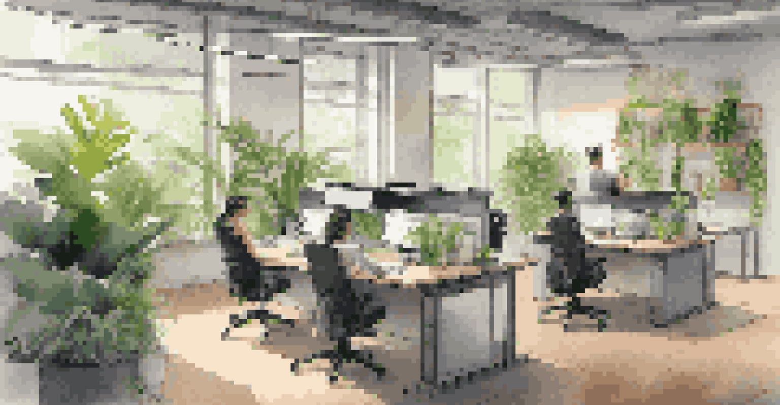 A modern ergonomic workspace with a standing desk, wireless technology, and plants, illuminated by adjustable smart lighting.