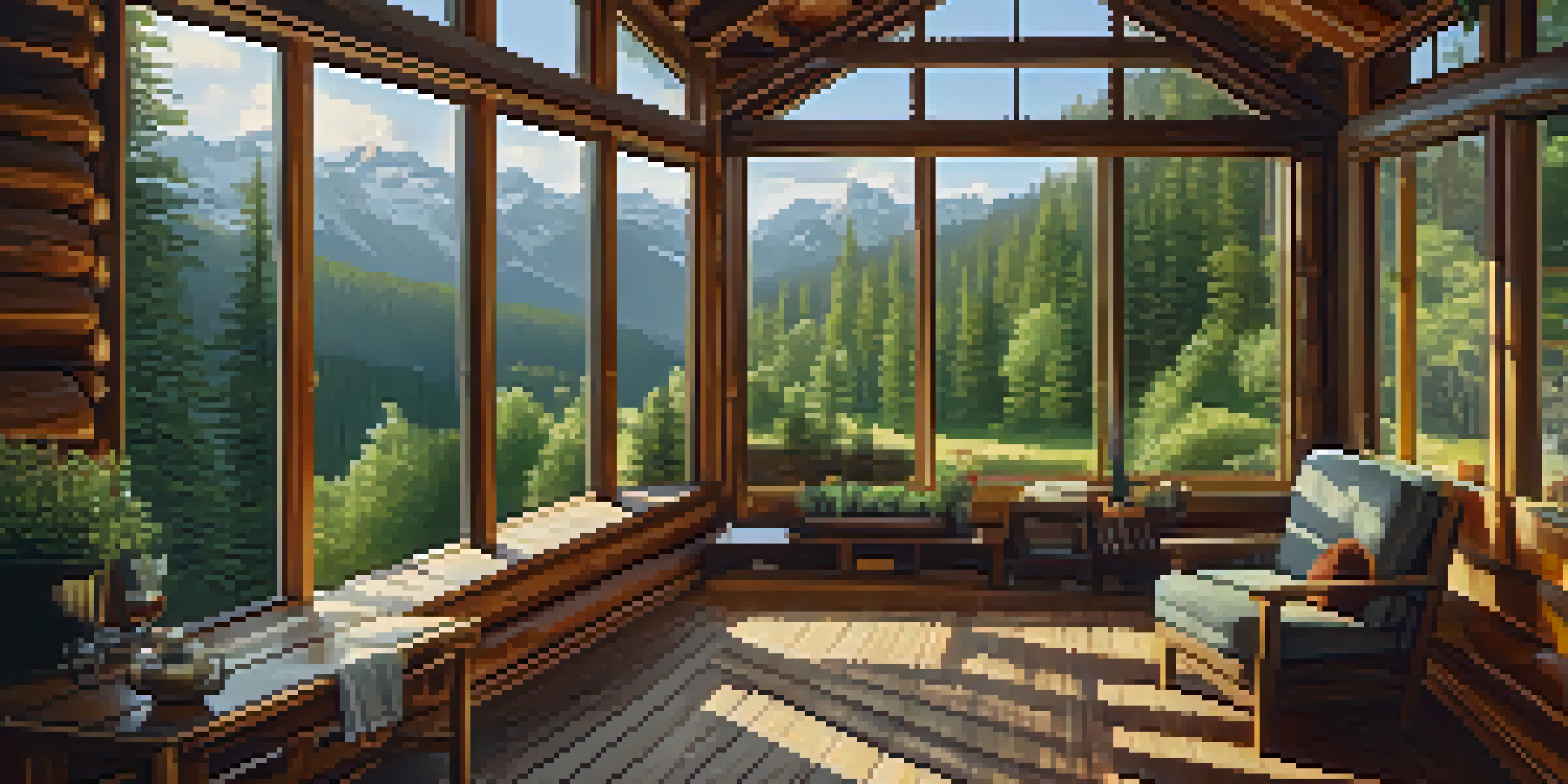 A peaceful luxury cabin in a green forest with a person enjoying tea on the deck.