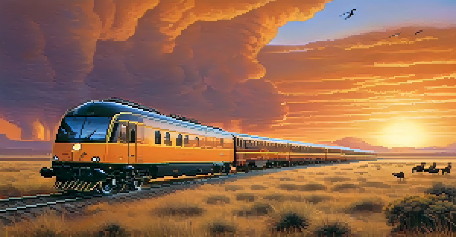 A luxury train traveling through the savannah in South Africa, with wildlife and a colorful sunset in the background.