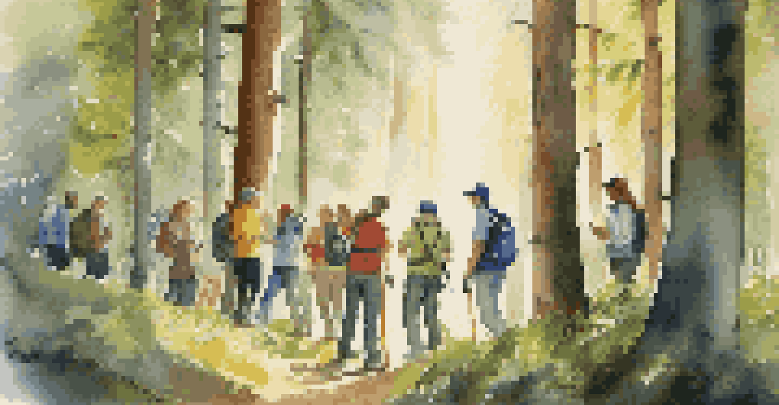 Participants engaged in a scavenger hunt in a forest, searching for hidden items.