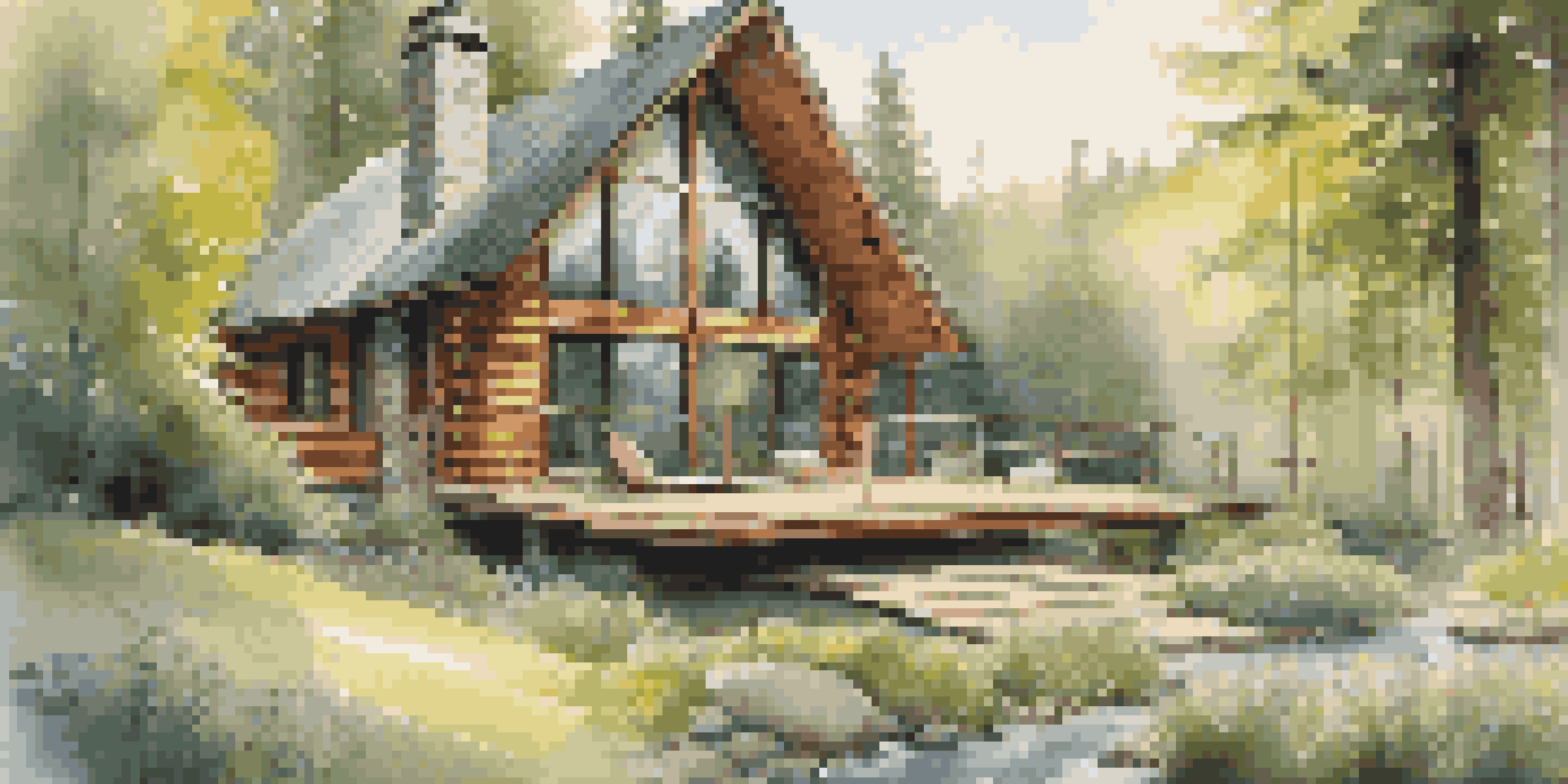 A tranquil luxury wellness retreat with a modern cabin in a forest, featuring a yoga mat on the deck and a sunrise view.