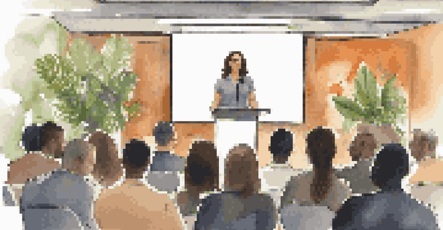 A confident speaker presenting at a networking event, with an engaged audience in a professionally decorated setting.
