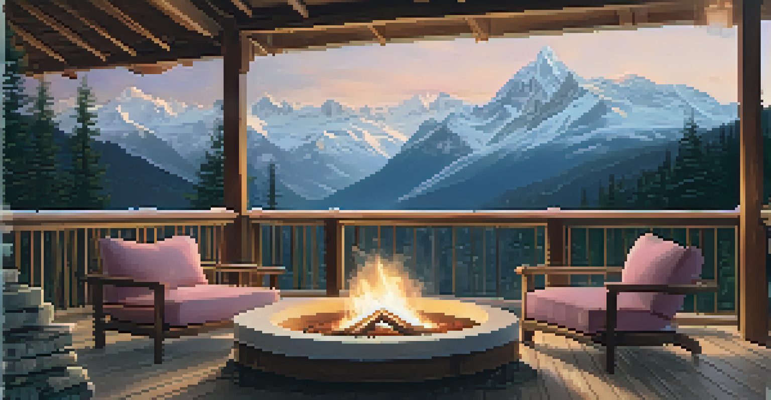 A luxury chalet balcony overlooking snow-capped mountains, featuring a cozy fire pit and plush seating amidst falling snowflakes.