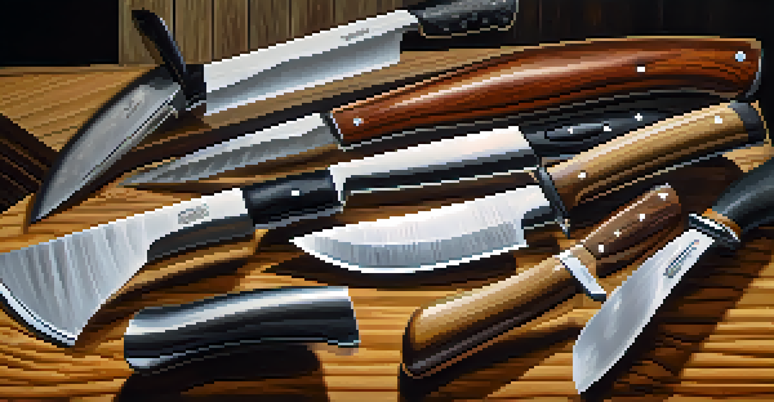 A variety of kitchen knives arranged on a countertop, showcasing their different shapes and sizes.