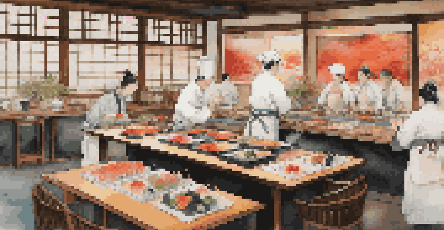 Guests participating in a sushi-making class with colorful ingredients and a chef guiding them.