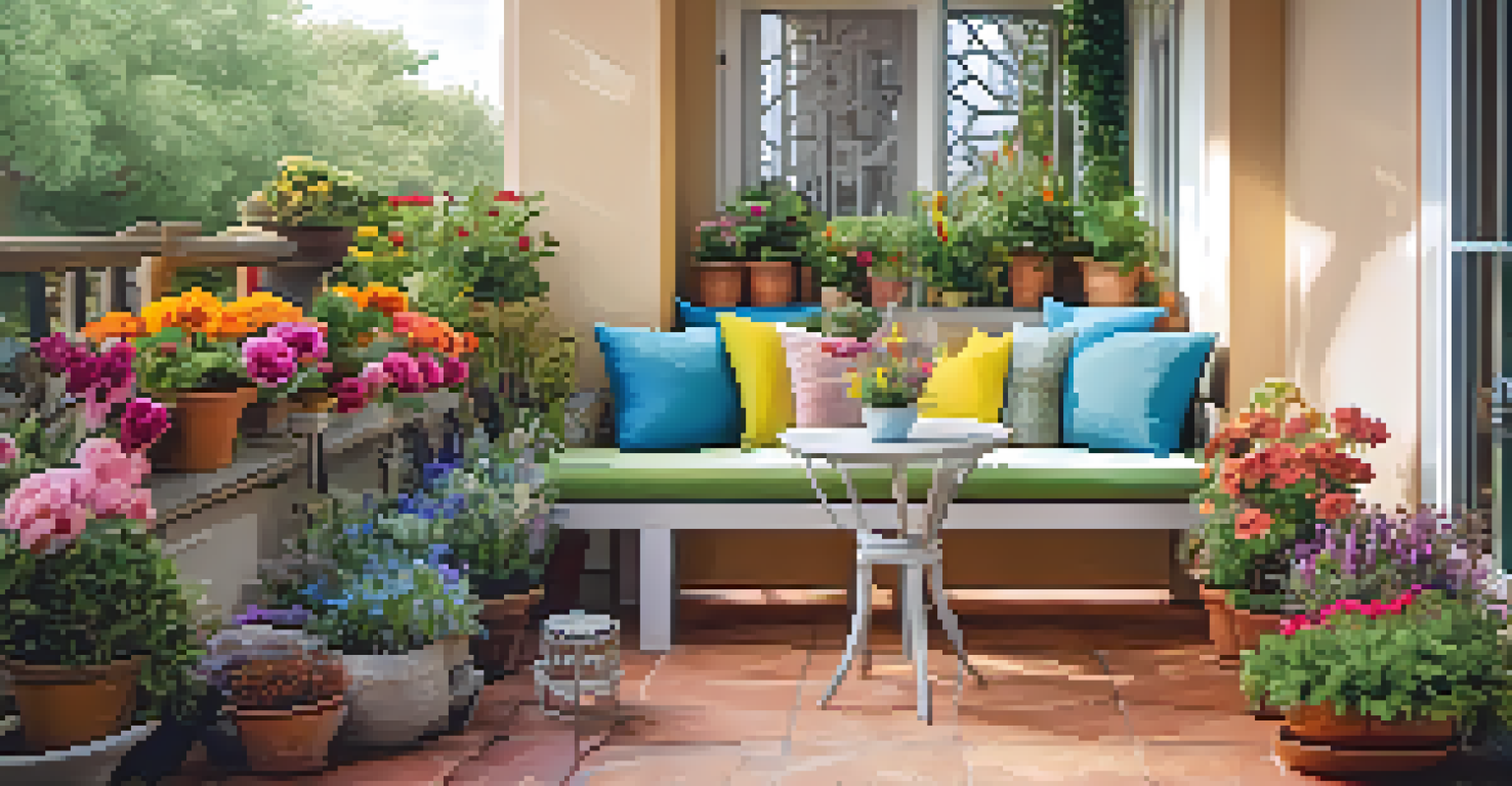 A vibrant balcony garden with colorful flowers, green plants, and a cozy seating area, showcasing decorative items.