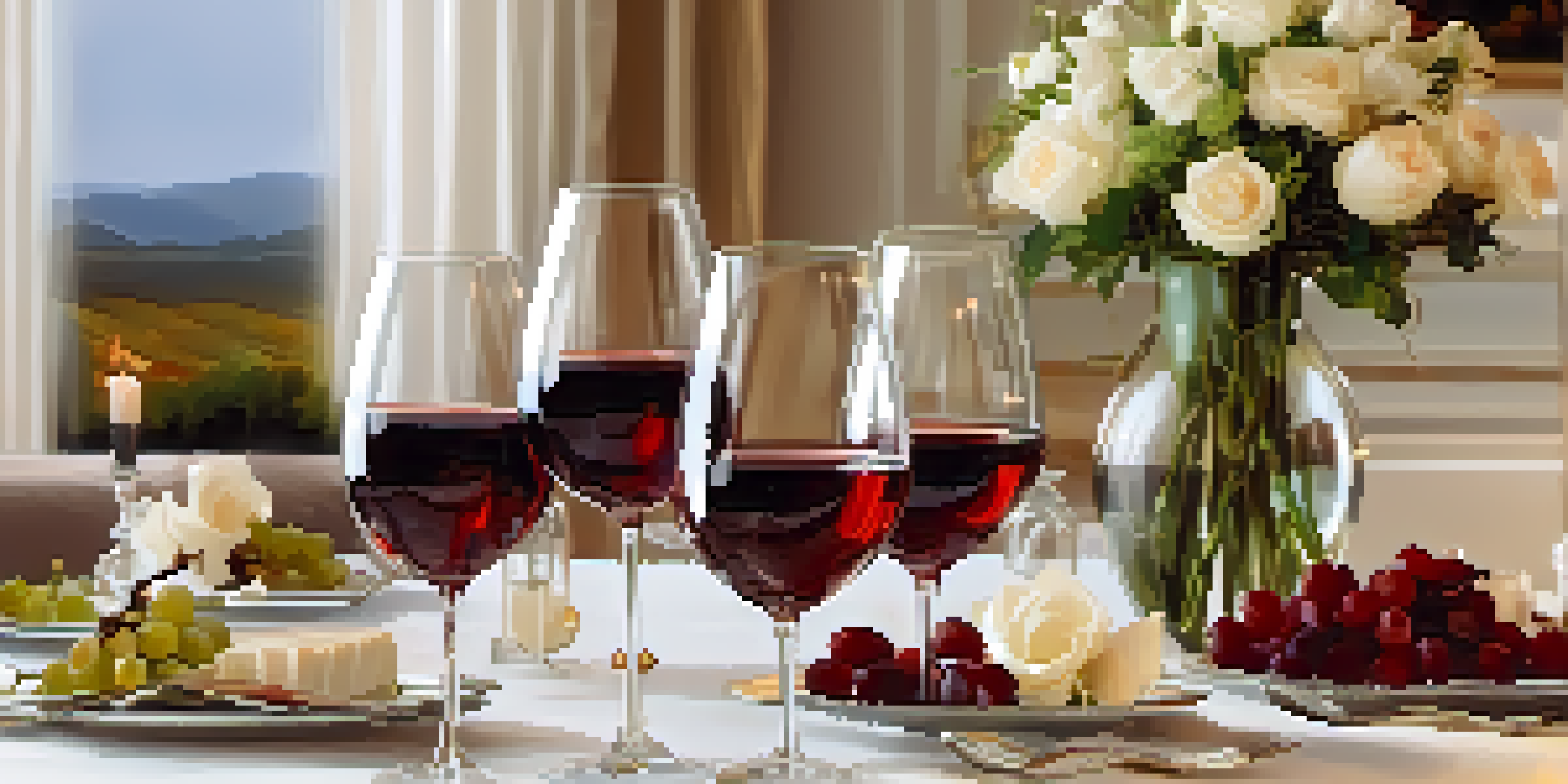 A dining table elegantly set for a wine tasting, featuring wine glasses with red and white wines, flowers, and candlelight in a softly lit environment.
