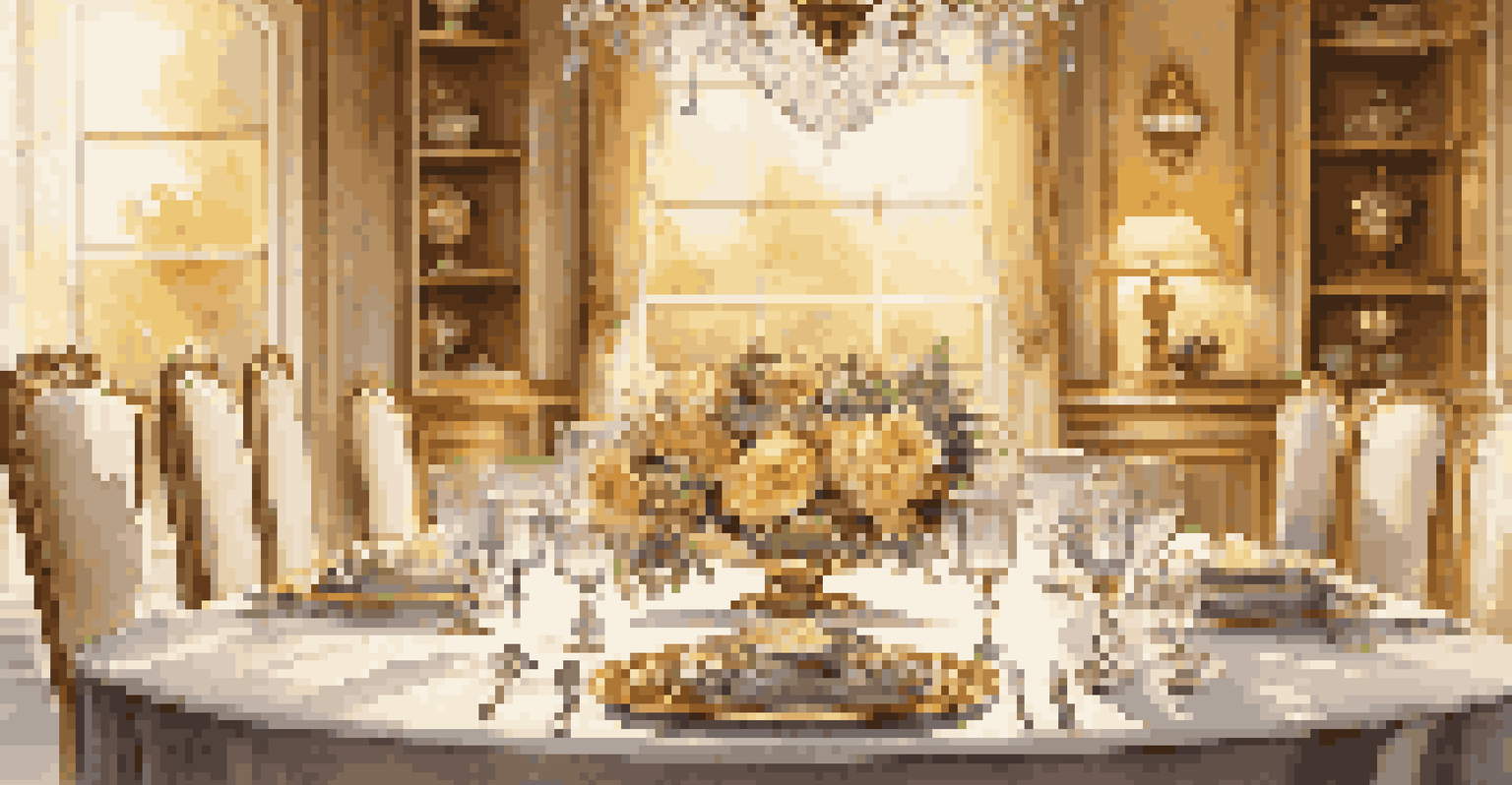 A beautifully set dining table with fine china, crystal glassware, and a floral centerpiece under warm golden lighting.