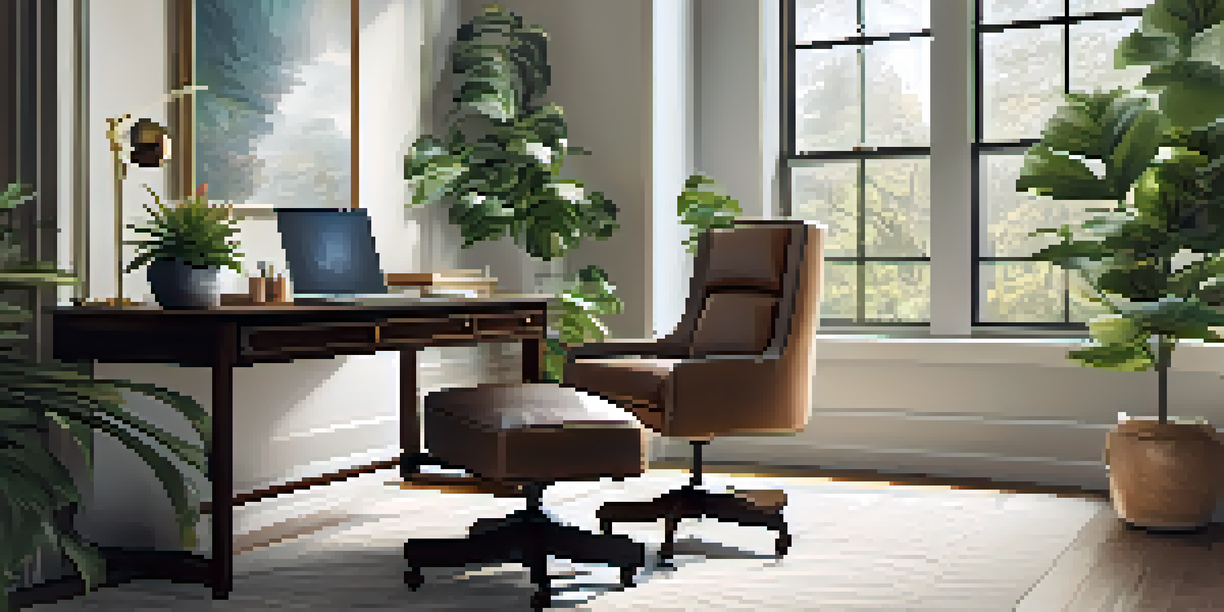 A calming home office with a laptop on a stylish desk, surrounded by a large plant and soft natural light.