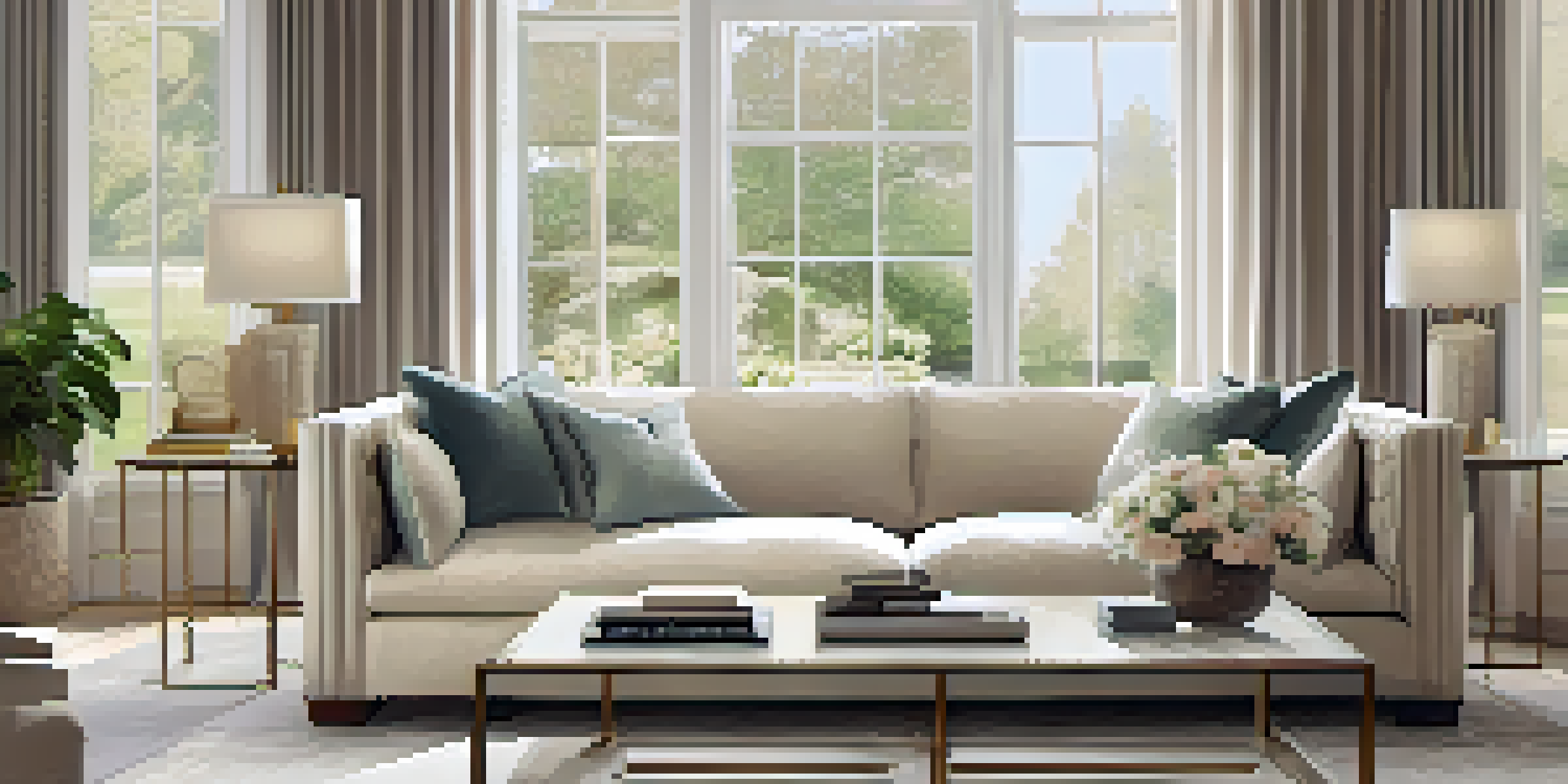 A luxurious living room with elegant furniture, large windows, and tasteful decor, showcasing a sophisticated and inviting atmosphere.