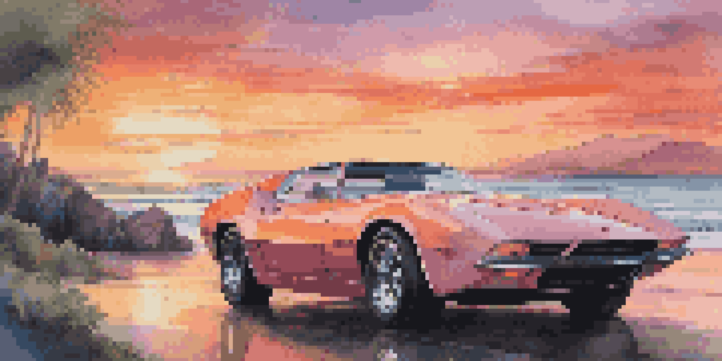 A luxurious sports car parked on a scenic coastal road at sunset, with vibrant colors in the sky and ocean waves in the background.