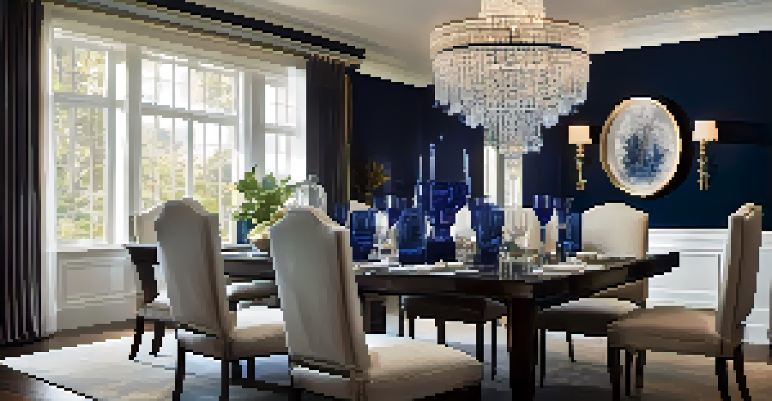 An elegantly styled dining room with a crystal chandelier, polished wooden table set with dinnerware, and rich navy chairs, illuminated by warm ambient lighting.