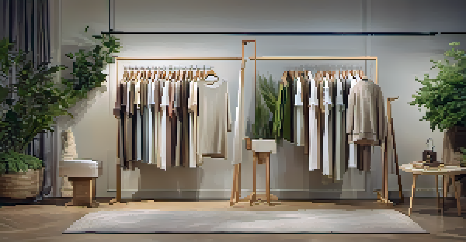 A close-up of eco-friendly luxury fashion garments displayed on wooden hangers, surrounded by greenery.