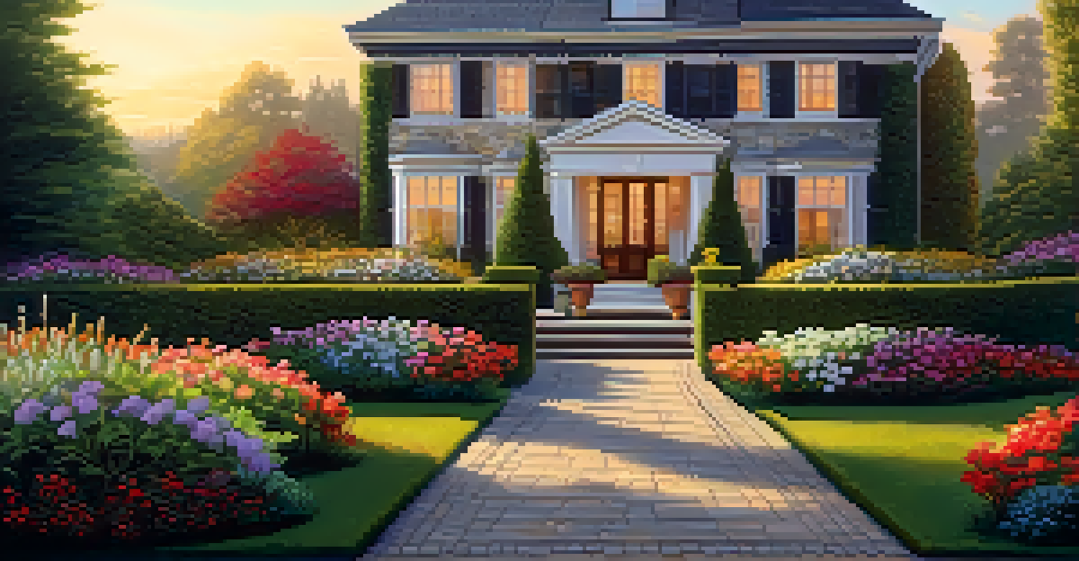 A vibrant garden in front of a luxury home with colorful flowers and a stone pathway during sunset.
