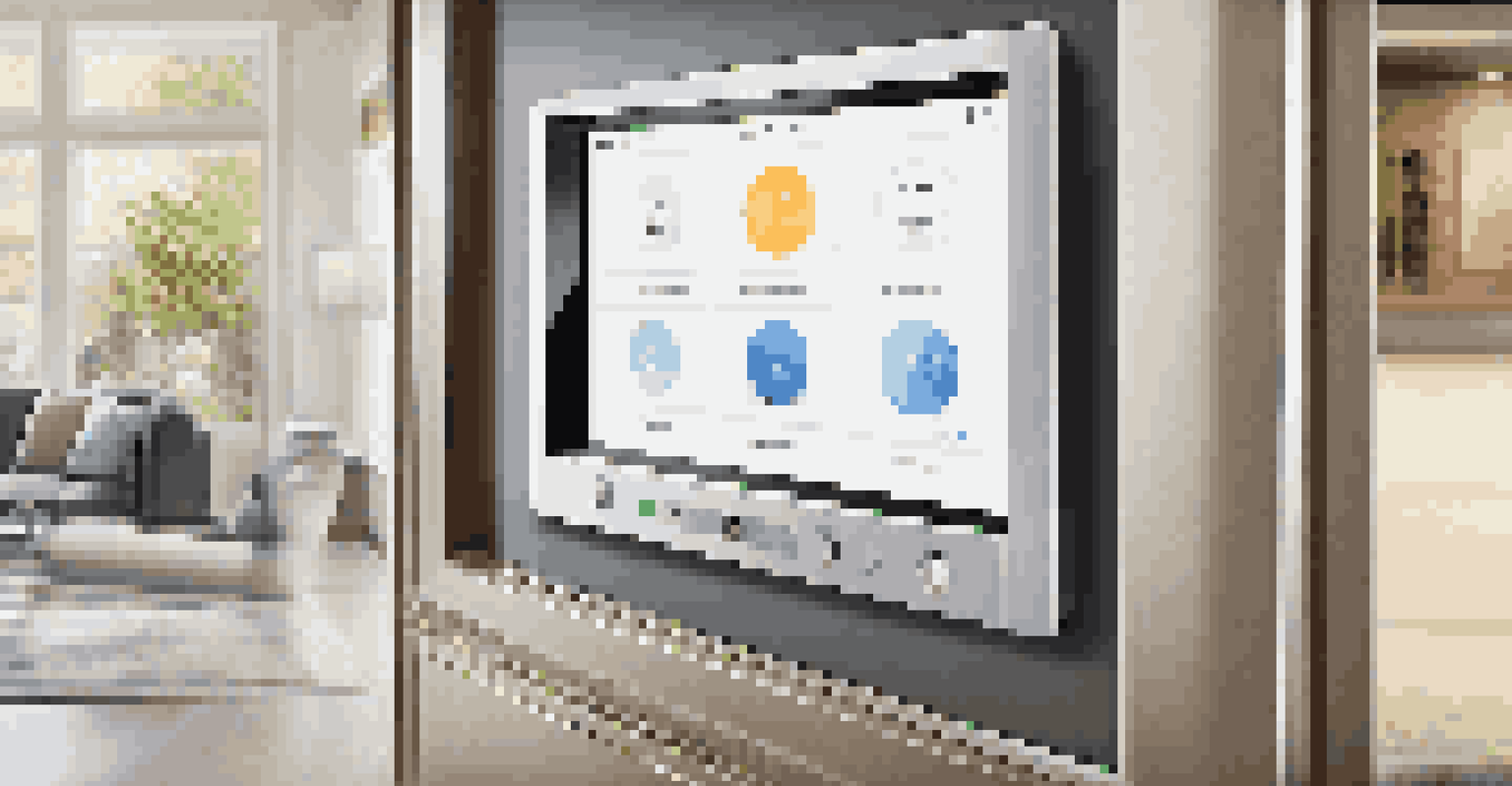 A modern smart home control panel showing HVAC, lighting, and security settings in a stylish home environment.