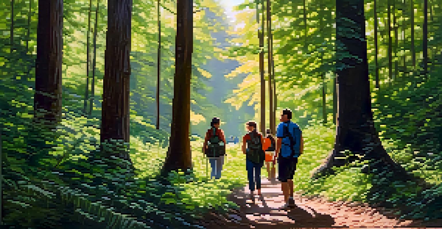 A group of people hiking through a lush green forest, engaged in conversation with sunlight filtering through the trees.