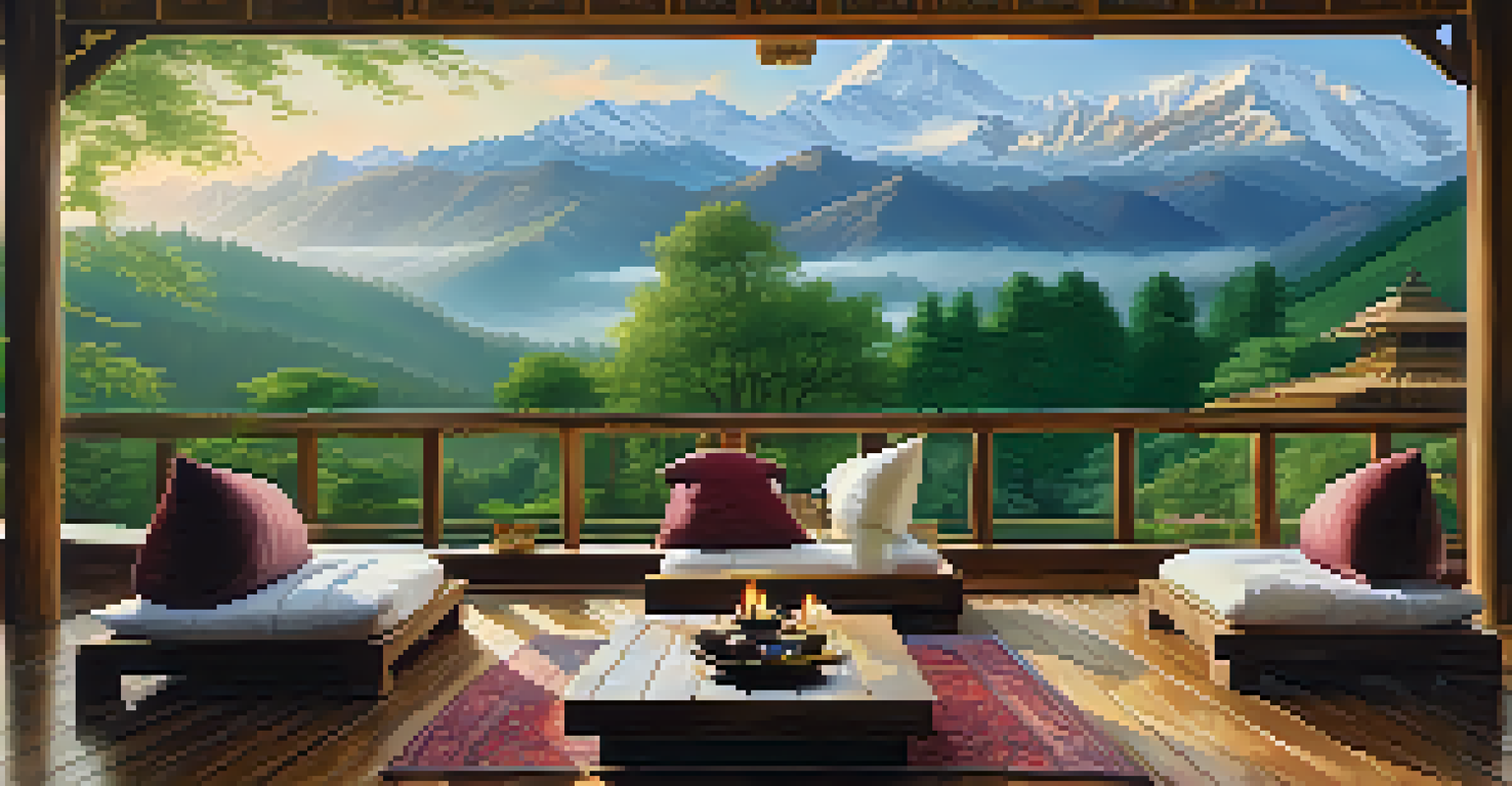 A Himalayan wellness retreat with meditation practitioners on a wooden deck overlooking misty mountains and lush forests.