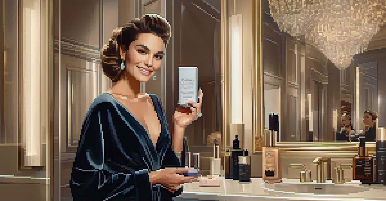 A celebrity in a chic bathroom holding a luxury soap, dressed in a fashionable robe, surrounded by stylish decor and beauty products.