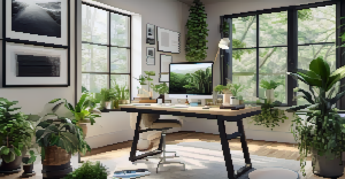 A bright and inspiring workspace with a laptop, indoor plants, and motivational quotes on the wall.