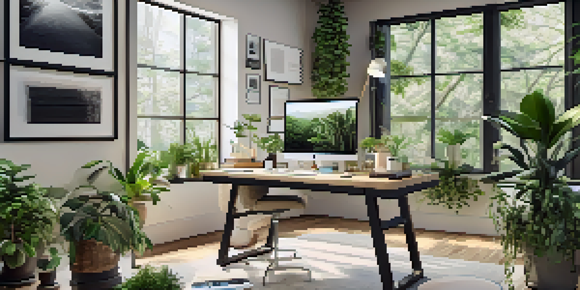 A bright and inspiring workspace with a laptop, indoor plants, and motivational quotes on the wall.