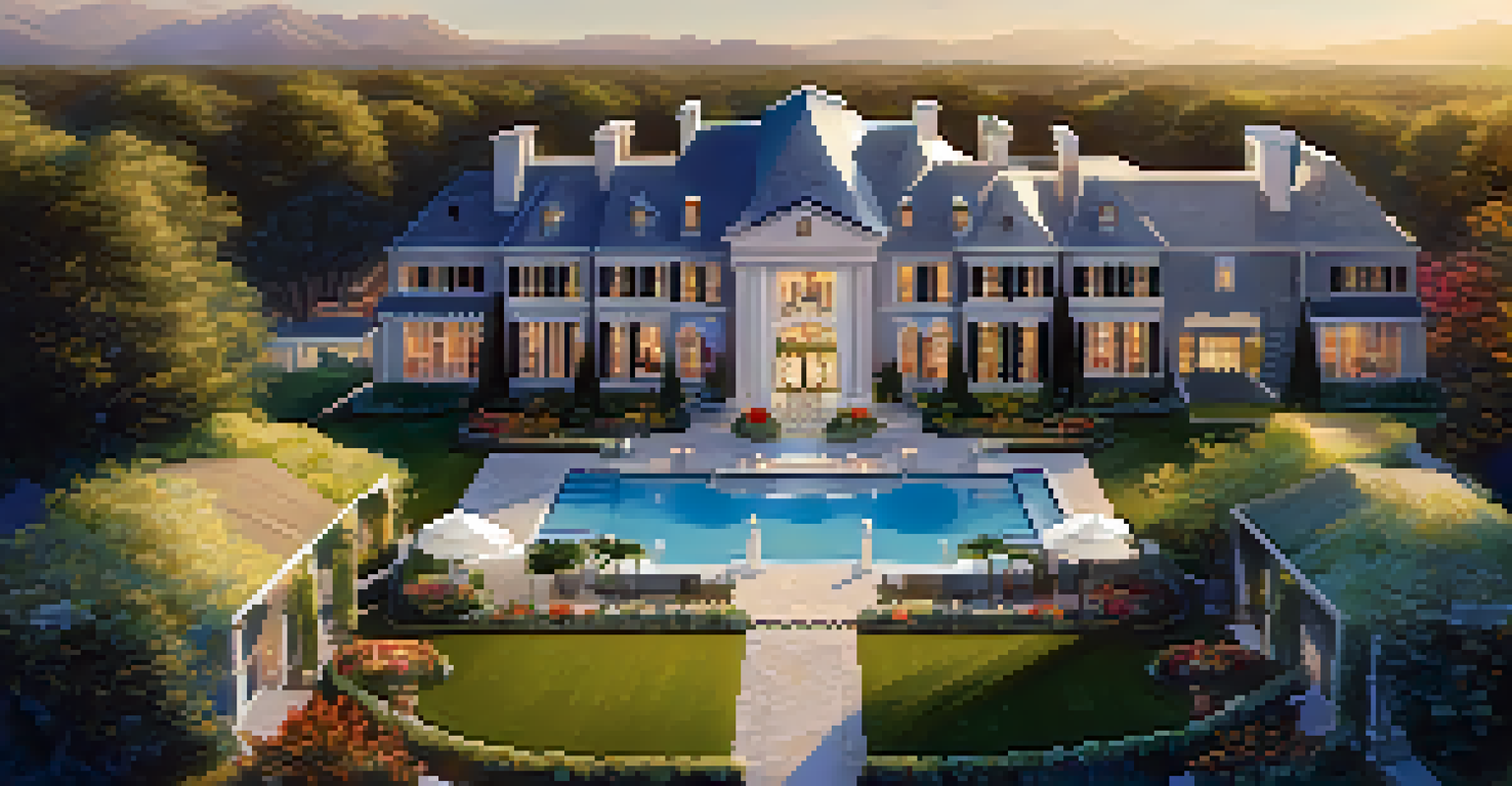 An aerial view of a luxury real estate auction with a landscaped estate, elegant tents, and guests under golden hour sunlight.