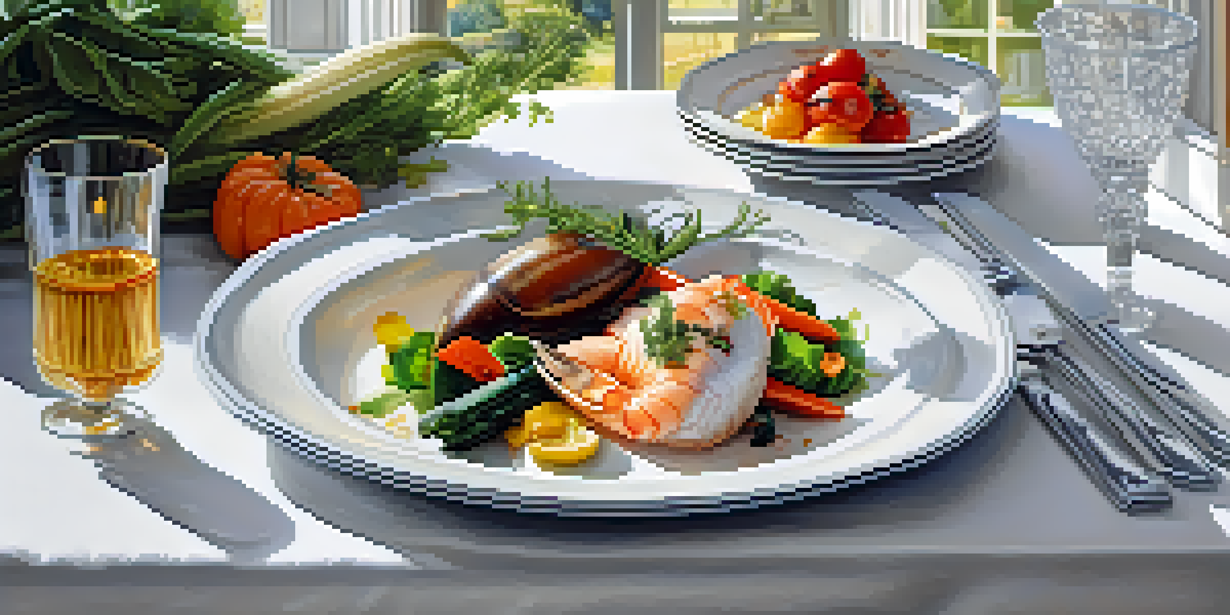 A plate of contemporary French cuisine with seasonal vegetables and seafood, illuminated by soft natural light.