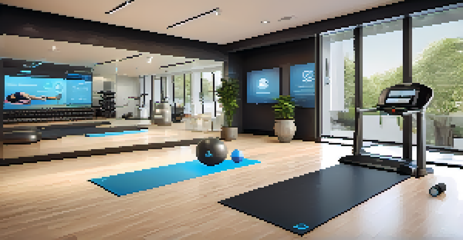 A modern fitness area with wearable technology, fitness equipment, and a yoga mat, creating a serene atmosphere for wellness.
