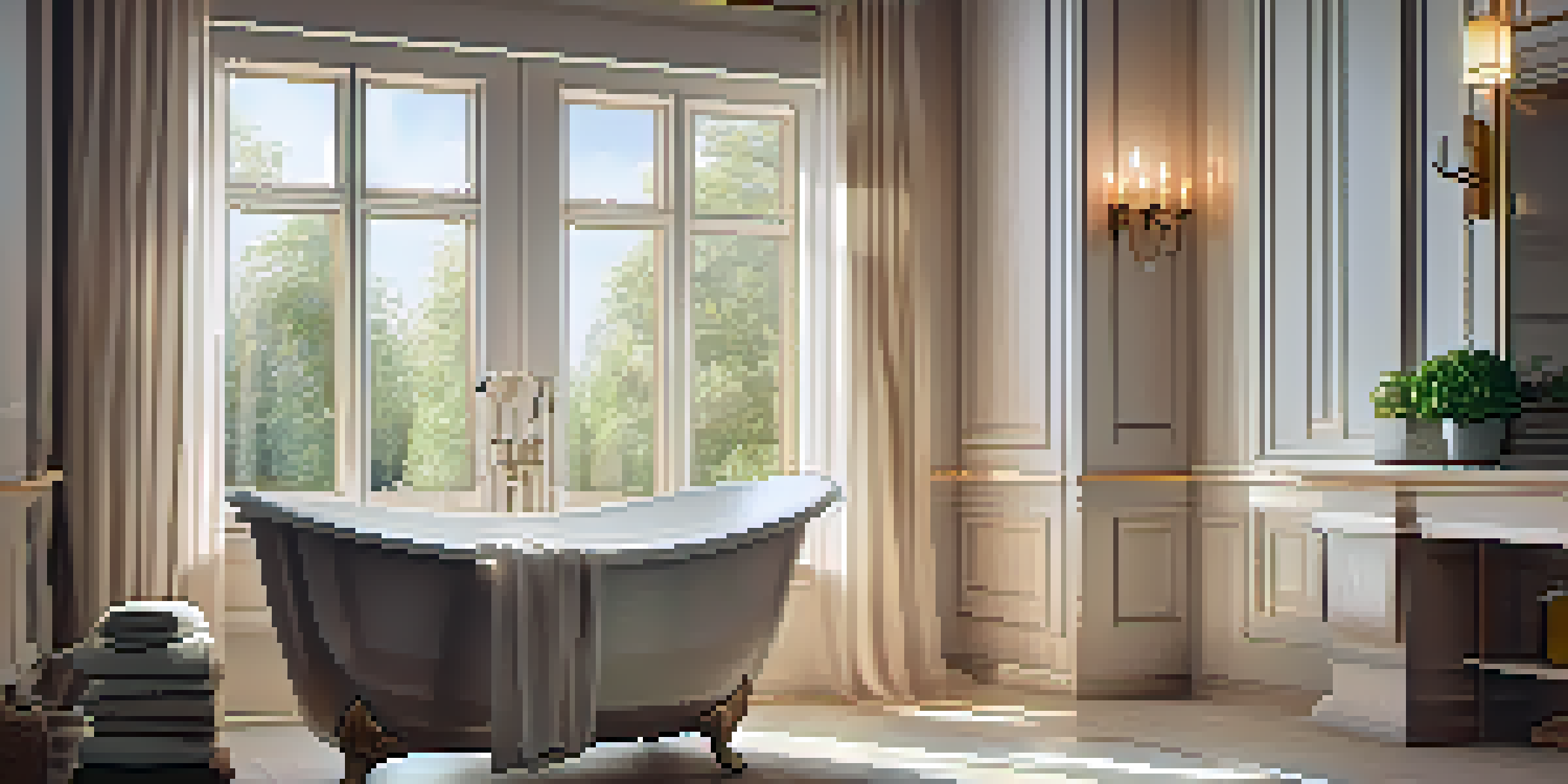 A tranquil bathroom with a freestanding bathtub surrounded by candles and soft lighting, creating a relaxing atmosphere.