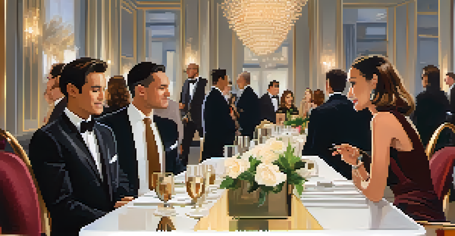 A person in elegant attire engaging in conversation at a chic networking event with sophisticated decor and soft lighting.