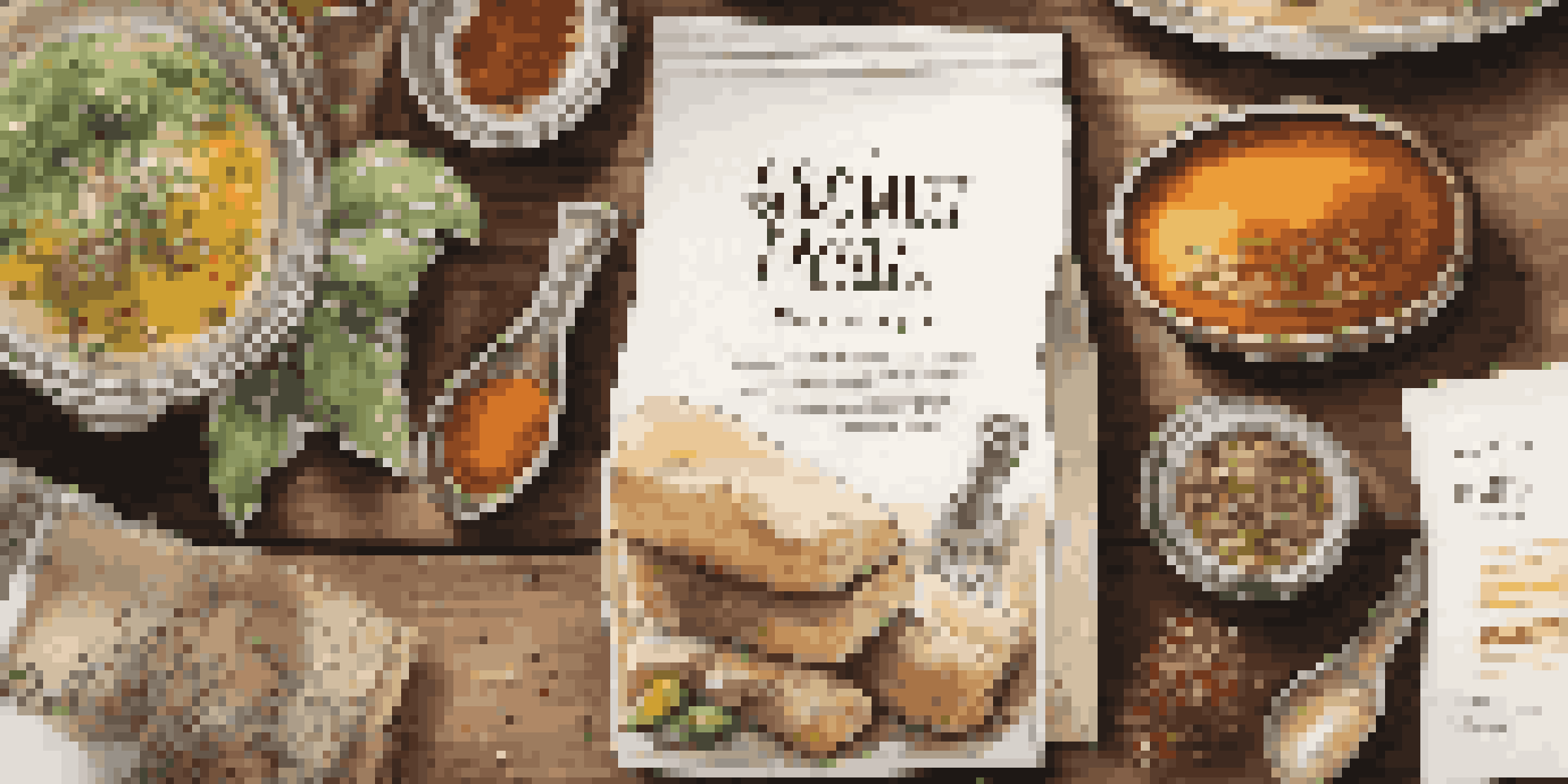 A luxurious meal kit with organic ingredients and a handwritten recipe card on a wooden table.