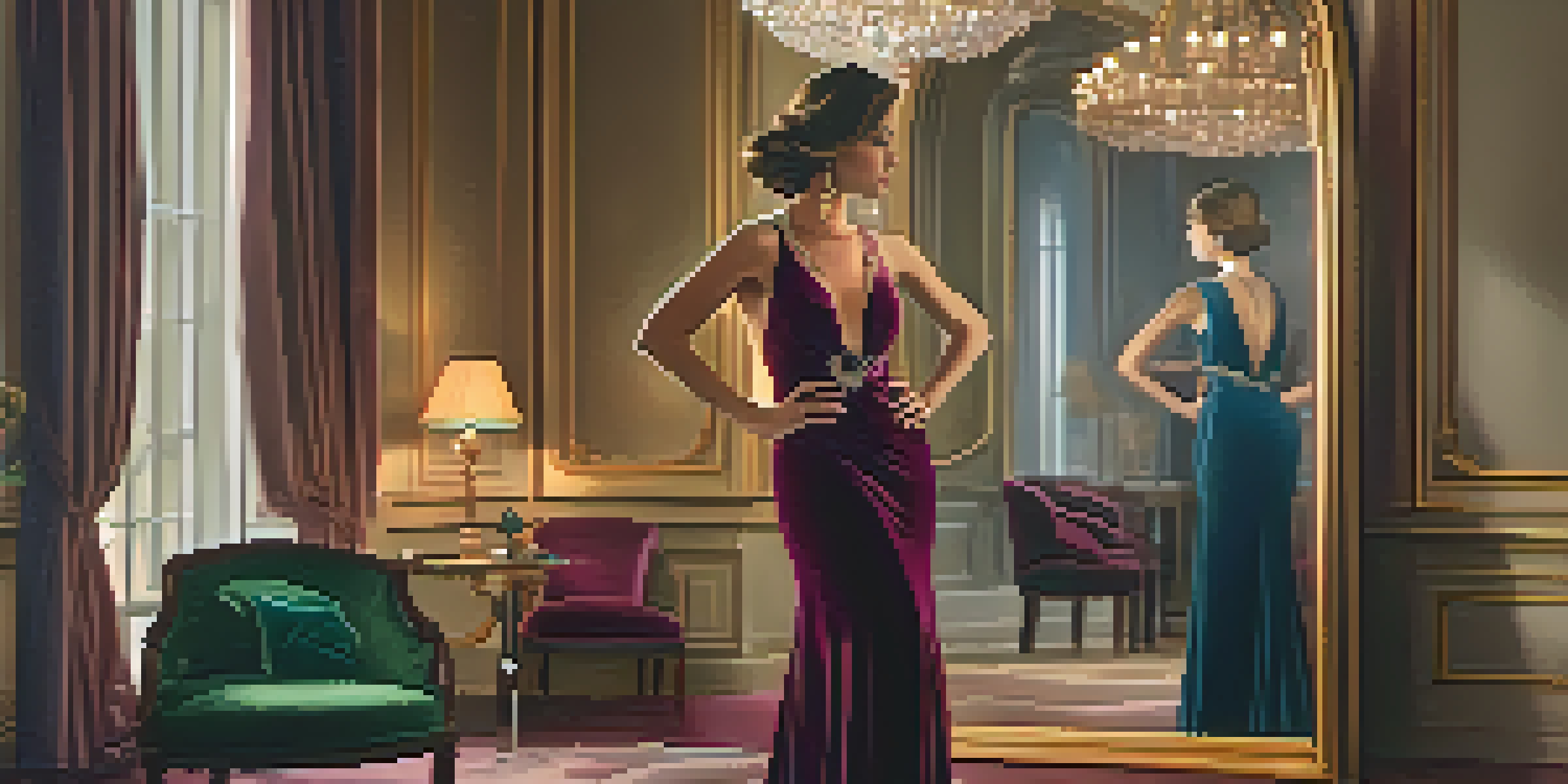 A woman in an elegant evening gown adjusts her necklace in a beautifully lit room, featuring rich jewel tones and a plush armchair.