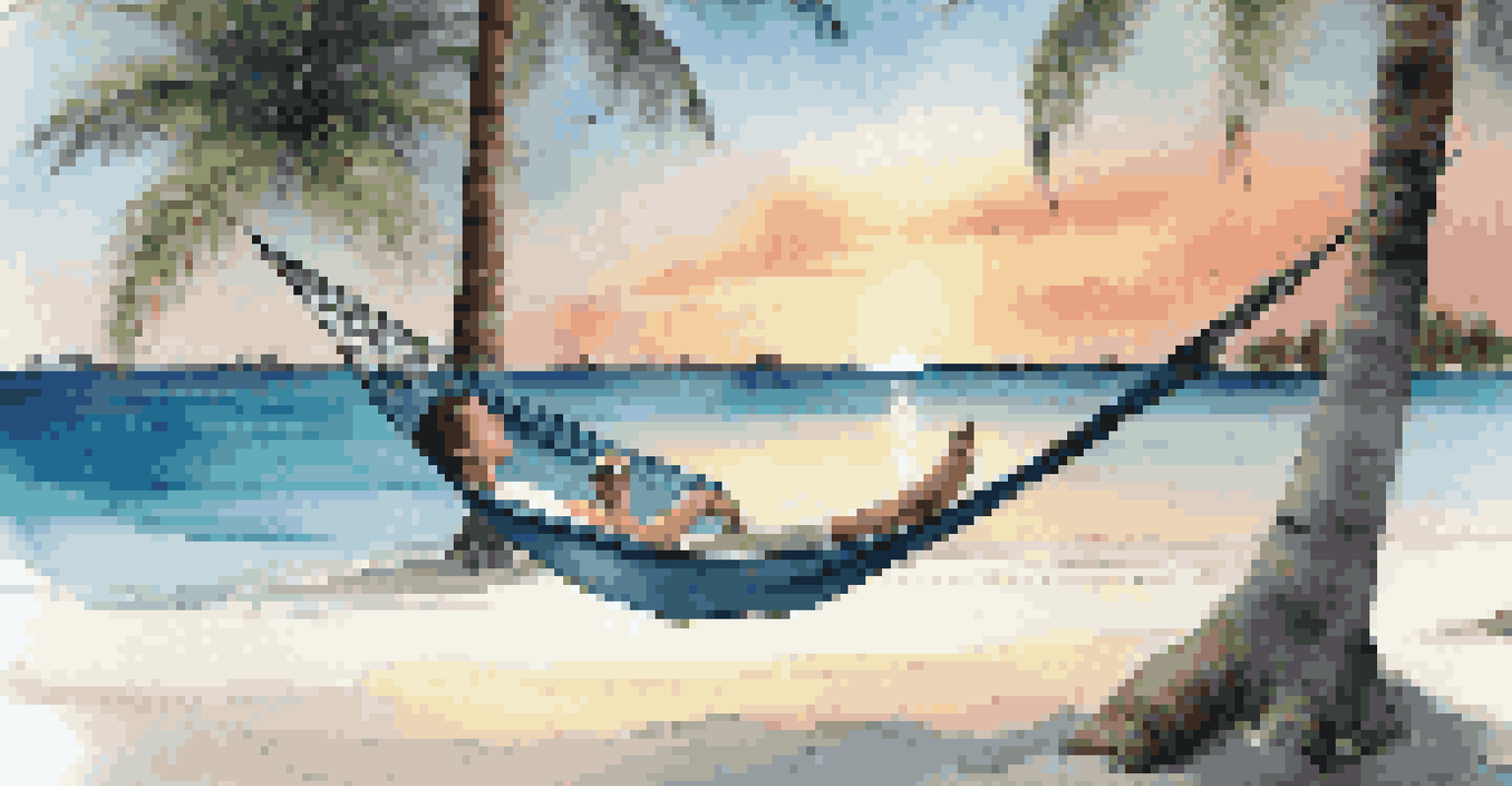A serene Maldives beach with a person relaxing in a hammock between palm trees, enjoying a coconut drink at sunset.