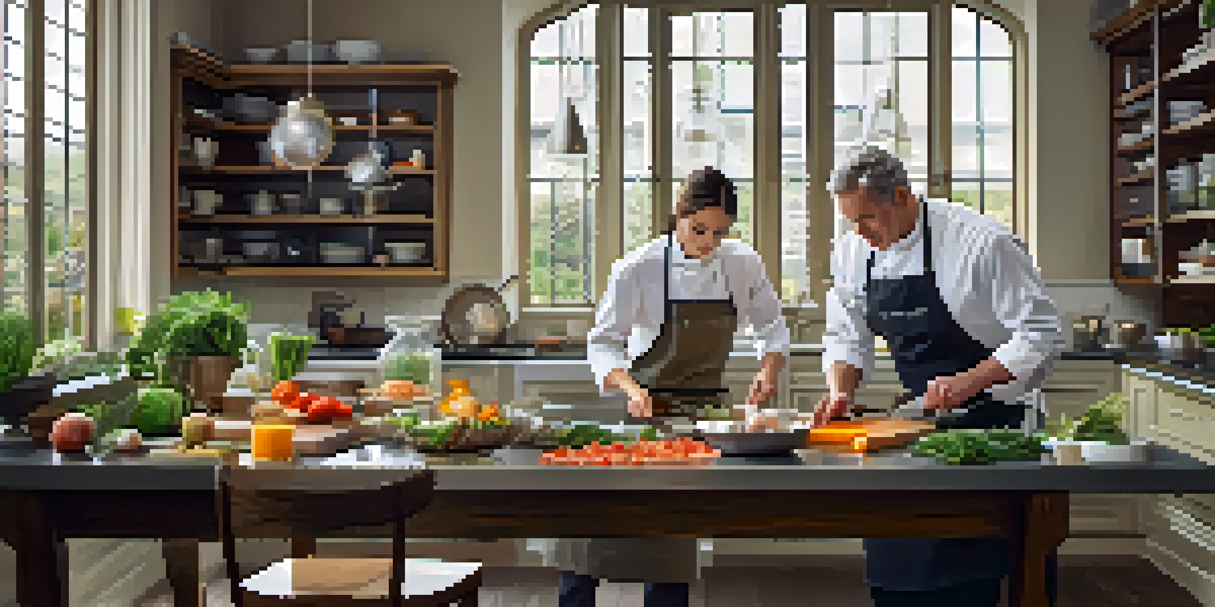 A professional chef demonstrating knife skills in a luxurious kitchen filled with fresh ingredients and high-end appliances.