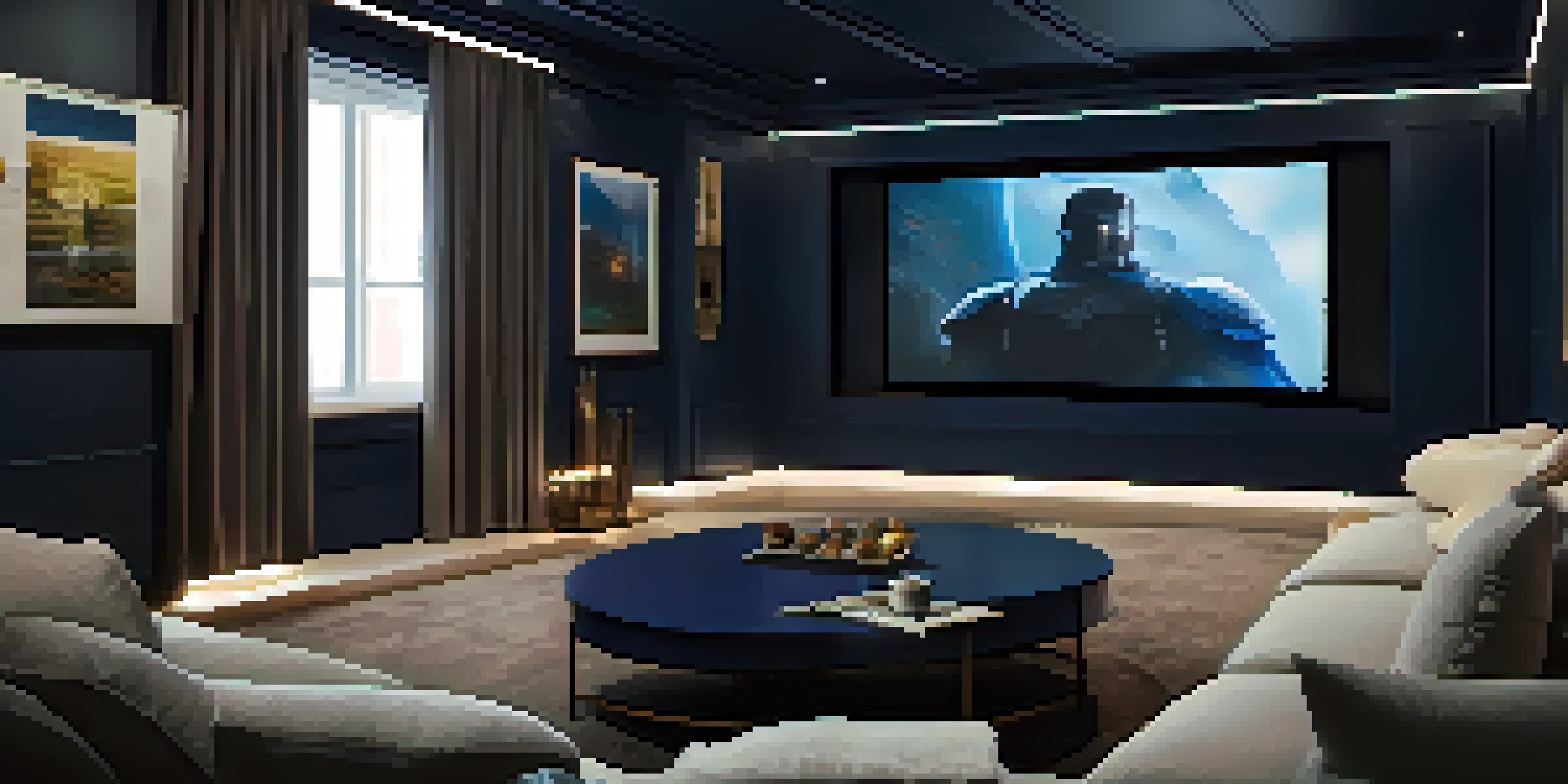 A cozy home cinema room with plush seating, a large TV, movie posters, and ambient lighting.