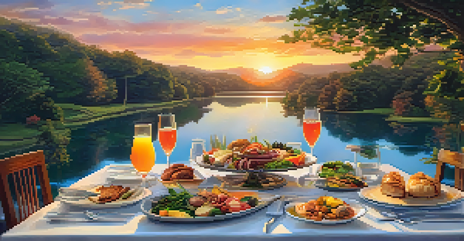 An outdoor dining setup with gourmet dishes made from local ingredients, set against a sunset over a lake.